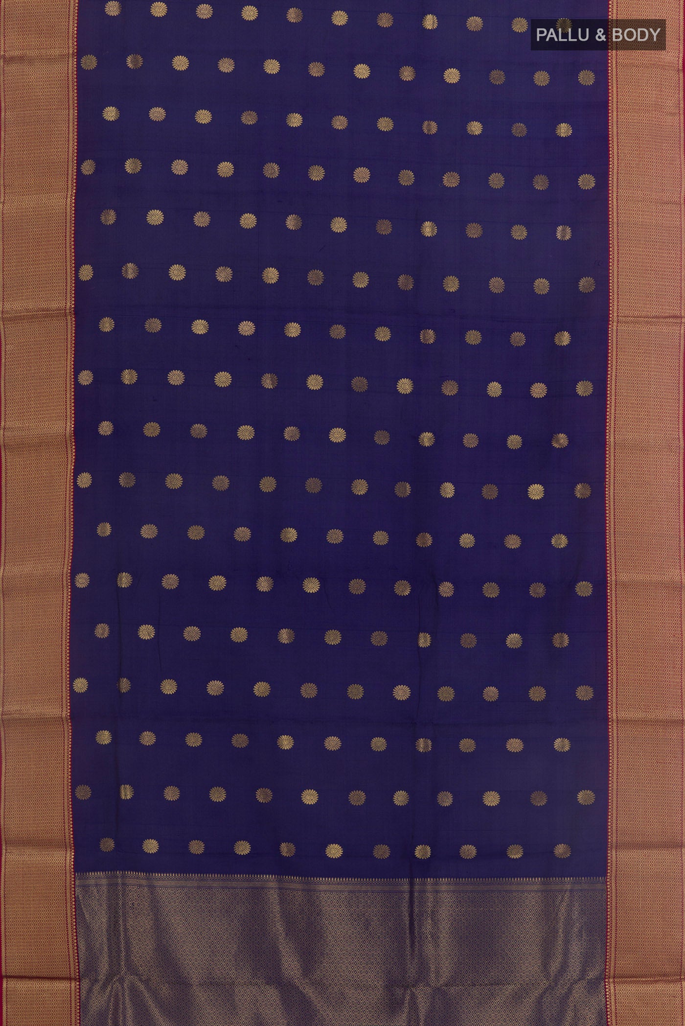 Flat view of Navy Blue Chanderi Silk Saree with Zari Butta on the body and Zari Border. 