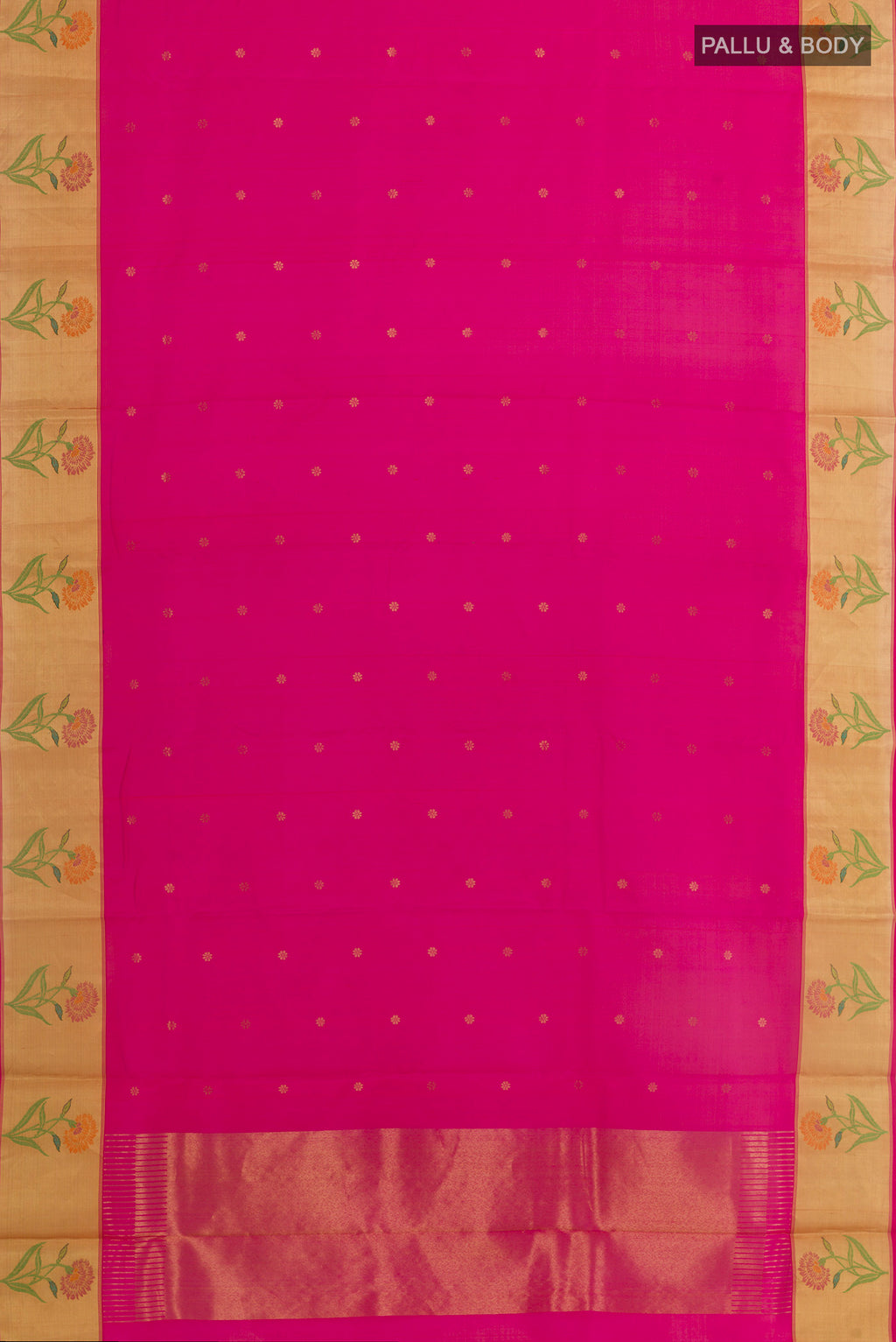 Flat view of Pink Chanderi Silk Saree with Zari Butta on the body and Zari Border. 