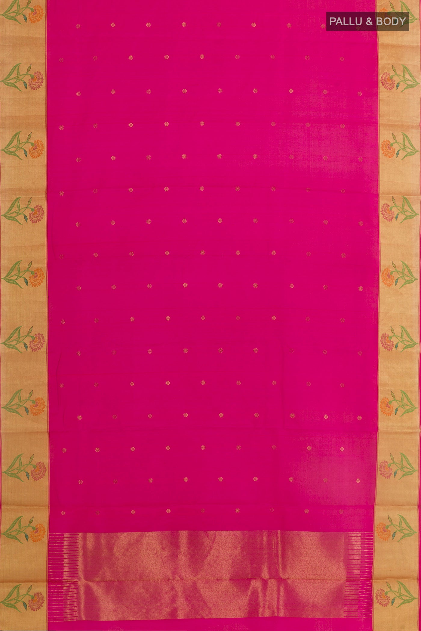 Flat view of Pink Chanderi Silk Saree with Zari Butta on the body and Zari Border. 
