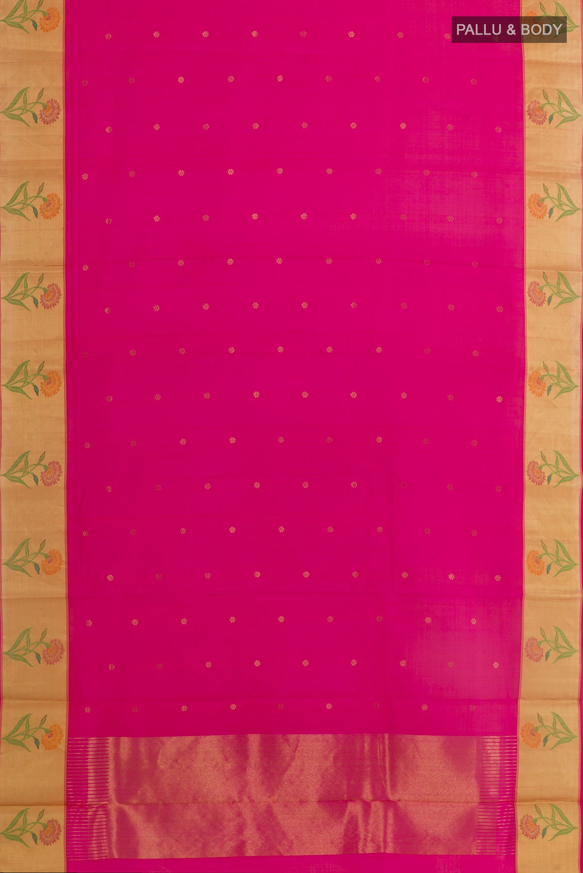 Flat view of Pink Chanderi Silk Saree with Zari Butta on the body and Zari Border. 