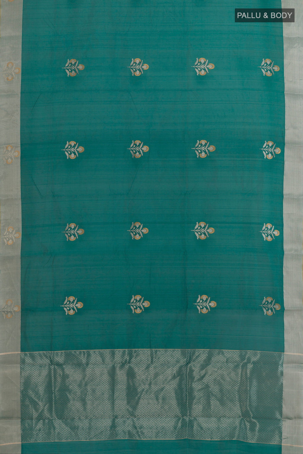 Flat view of Green Chanderi Silk Saree with Zari Butta on the body and Zari Border. 