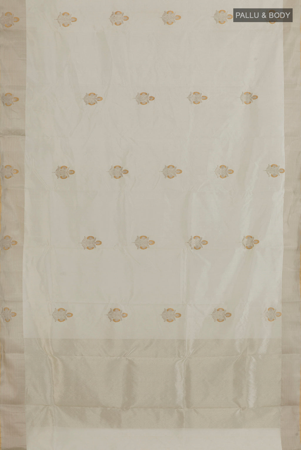 Flat view of Off White Chanderi Silk Saree with Zari Butta on the body and Zari Border. 
