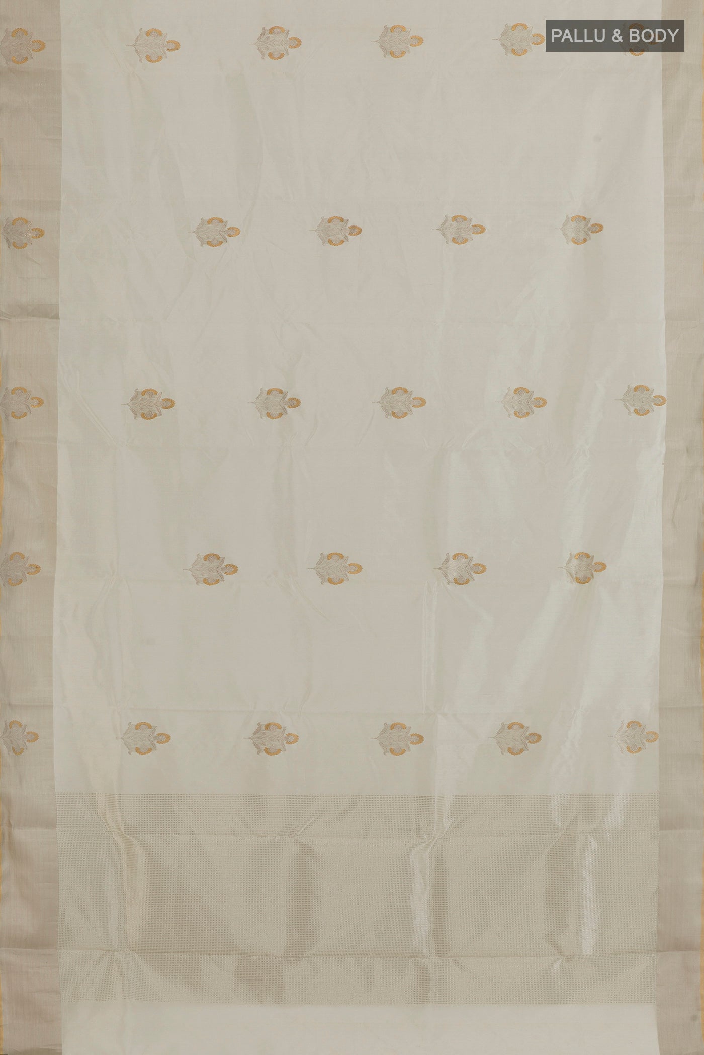 Flat view of Off White Chanderi Silk Saree with Zari Butta on the body and Zari Border. 