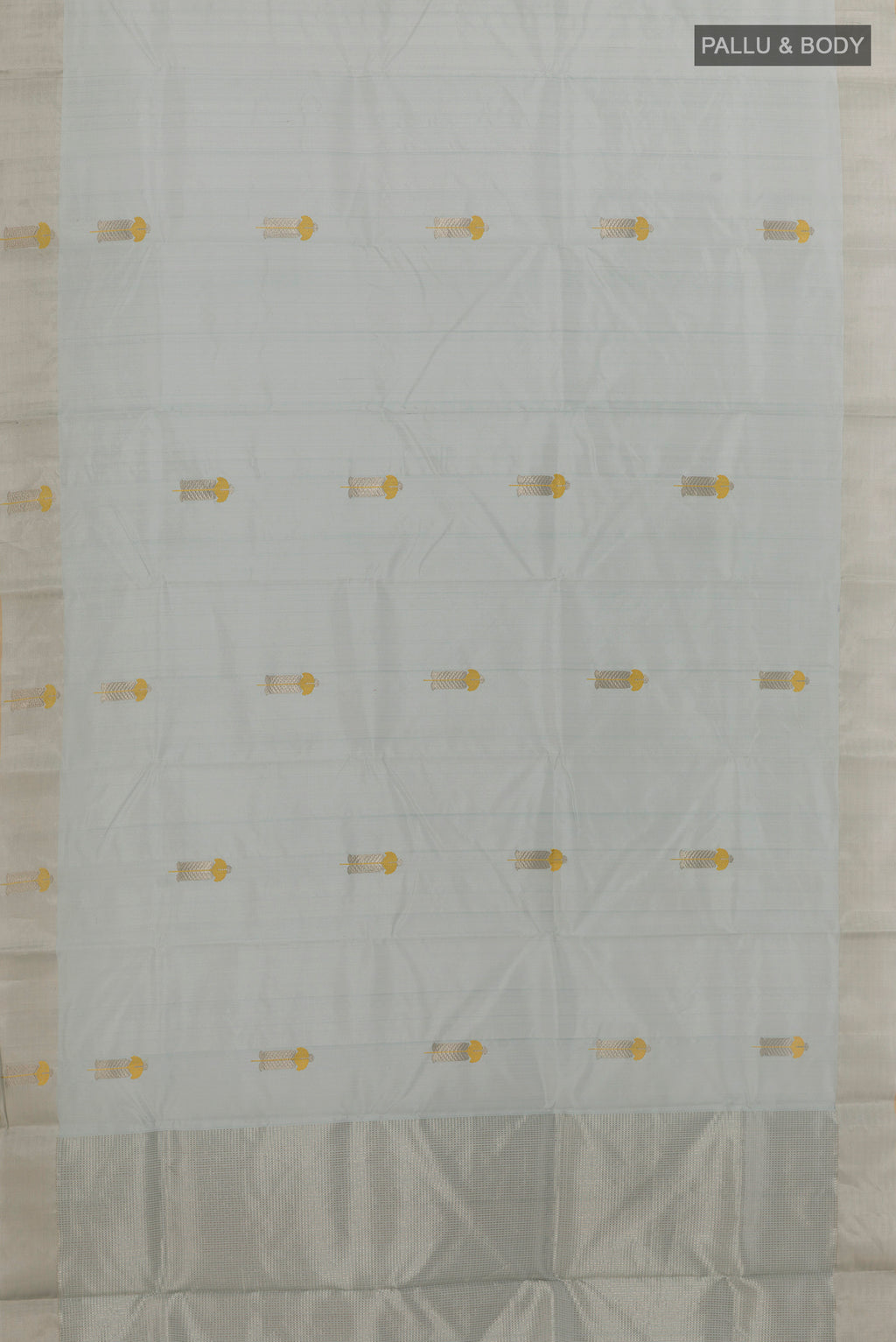 Flat view of Grey Chanderi Silk Saree with Zari Butta on the body and Zari Border. 