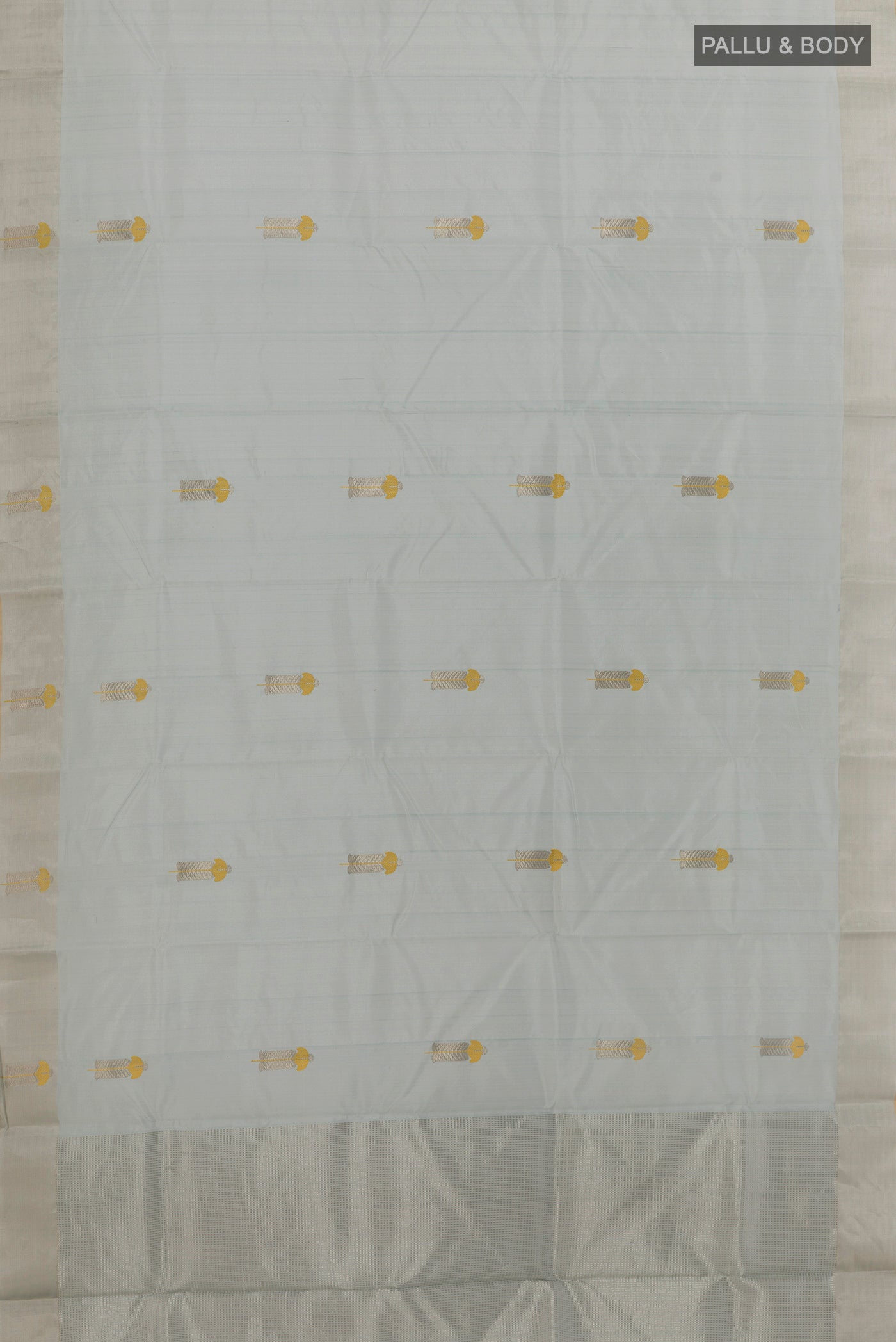 Flat view of Grey Chanderi Silk Saree with Zari Butta on the body and Zari Border. 