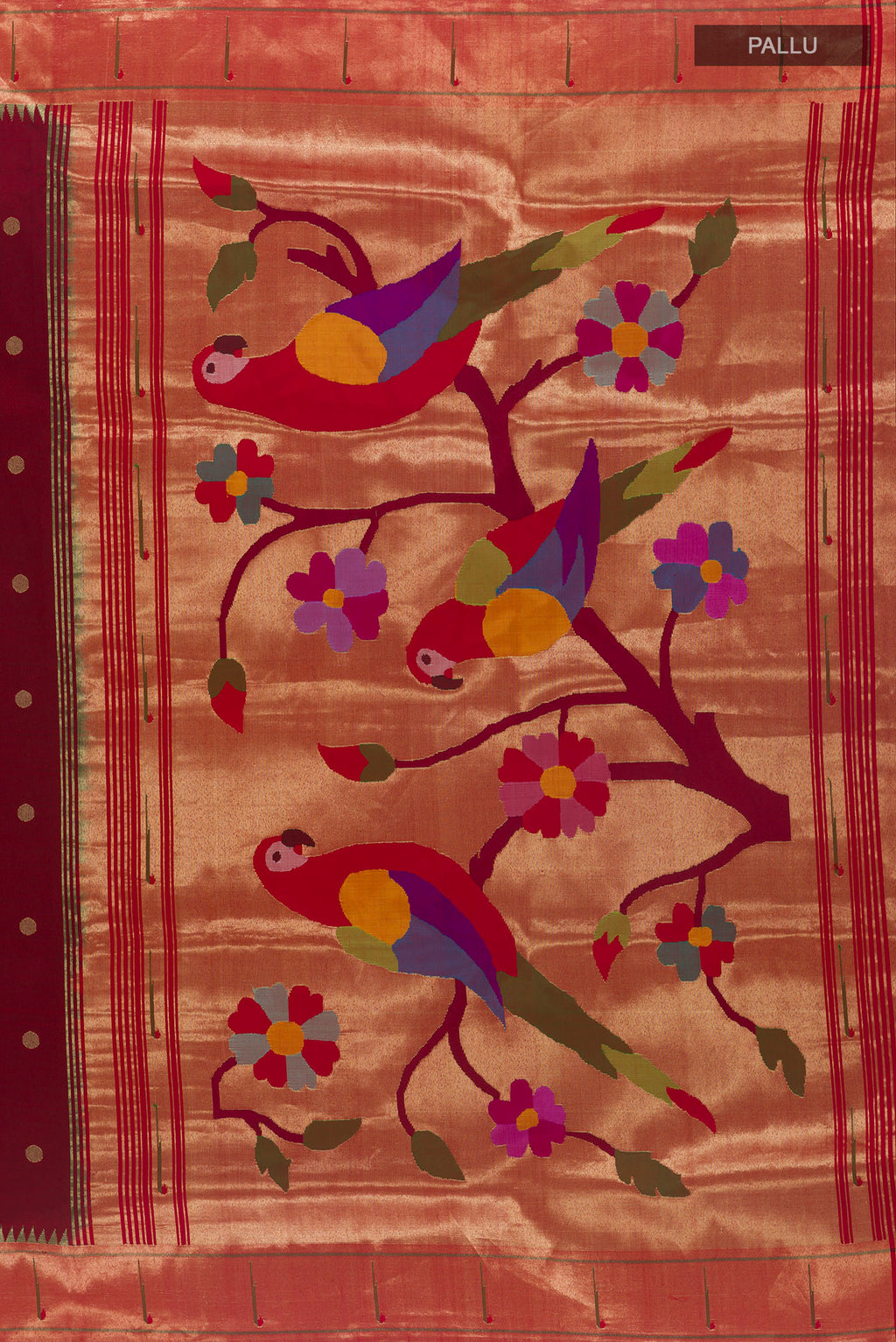 Close up image of the pallu of Pure Silk Maroon Paithani Saree with Zari Butta on the body and Paithani Border. 