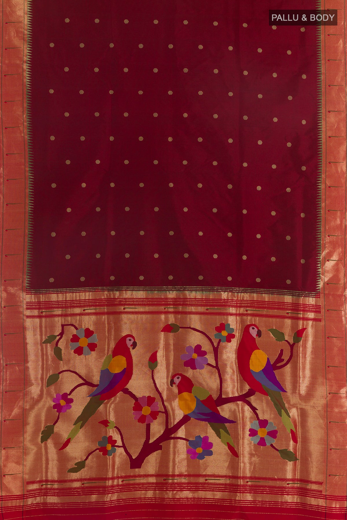 Flat view of Pure Silk Maroon Paithani Saree with Zari Butta on the body and Paithani Border. 