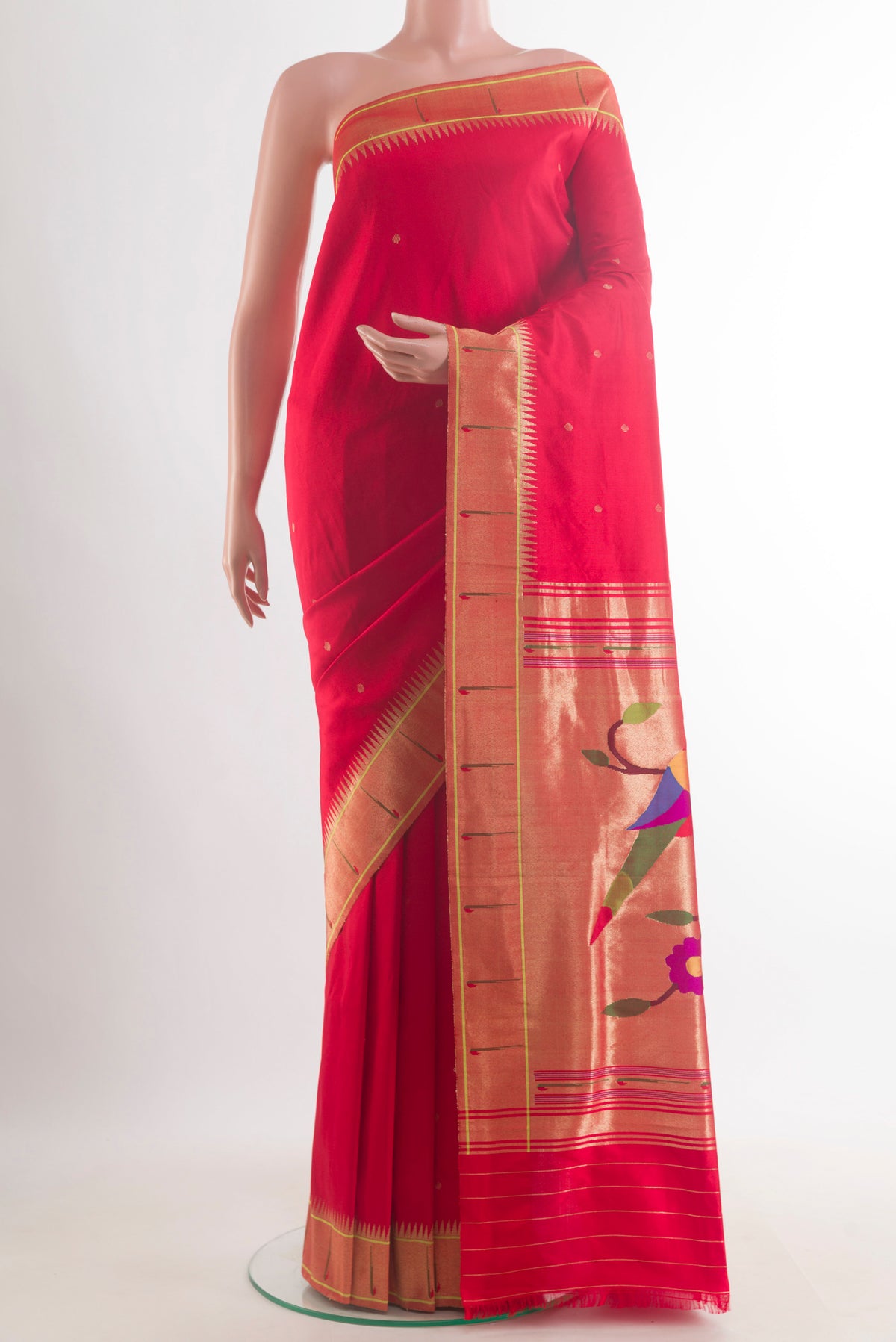Pure Silk Red Paithani Saree with Zari Butta on the body and Paithani Border.  displayed on a mannequin