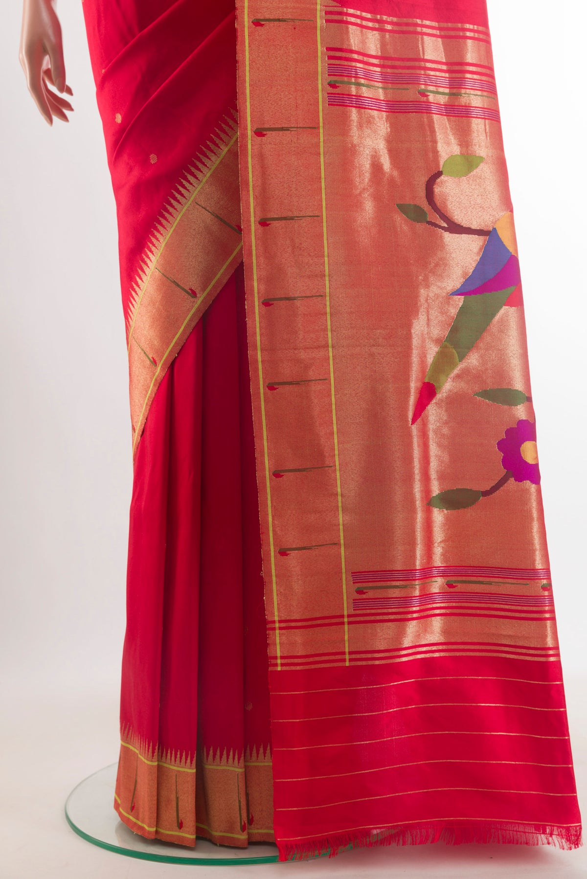 Pleats and pallu of Pure Silk Red Paithani Saree with Zari Butta on the body and Paithani Border. 