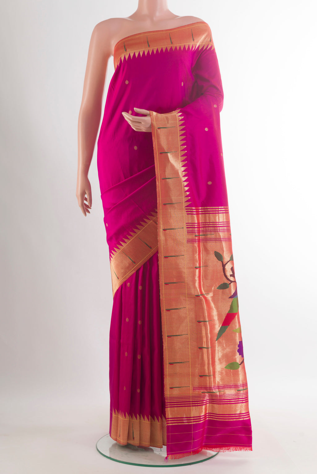 Pure Silk Pink Paithani Saree with Zari Butta on the body and Paithani Border.  displayed on a mannequin