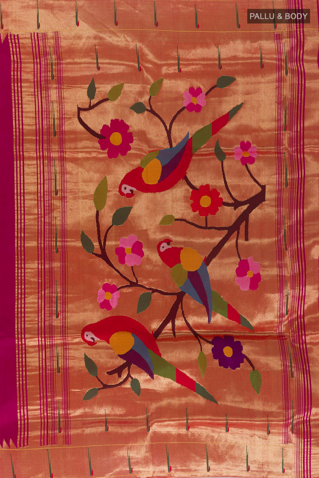 Close up image of the pallu of Pure Silk Pink Paithani Saree with Zari Butta on the body and Paithani Border. 