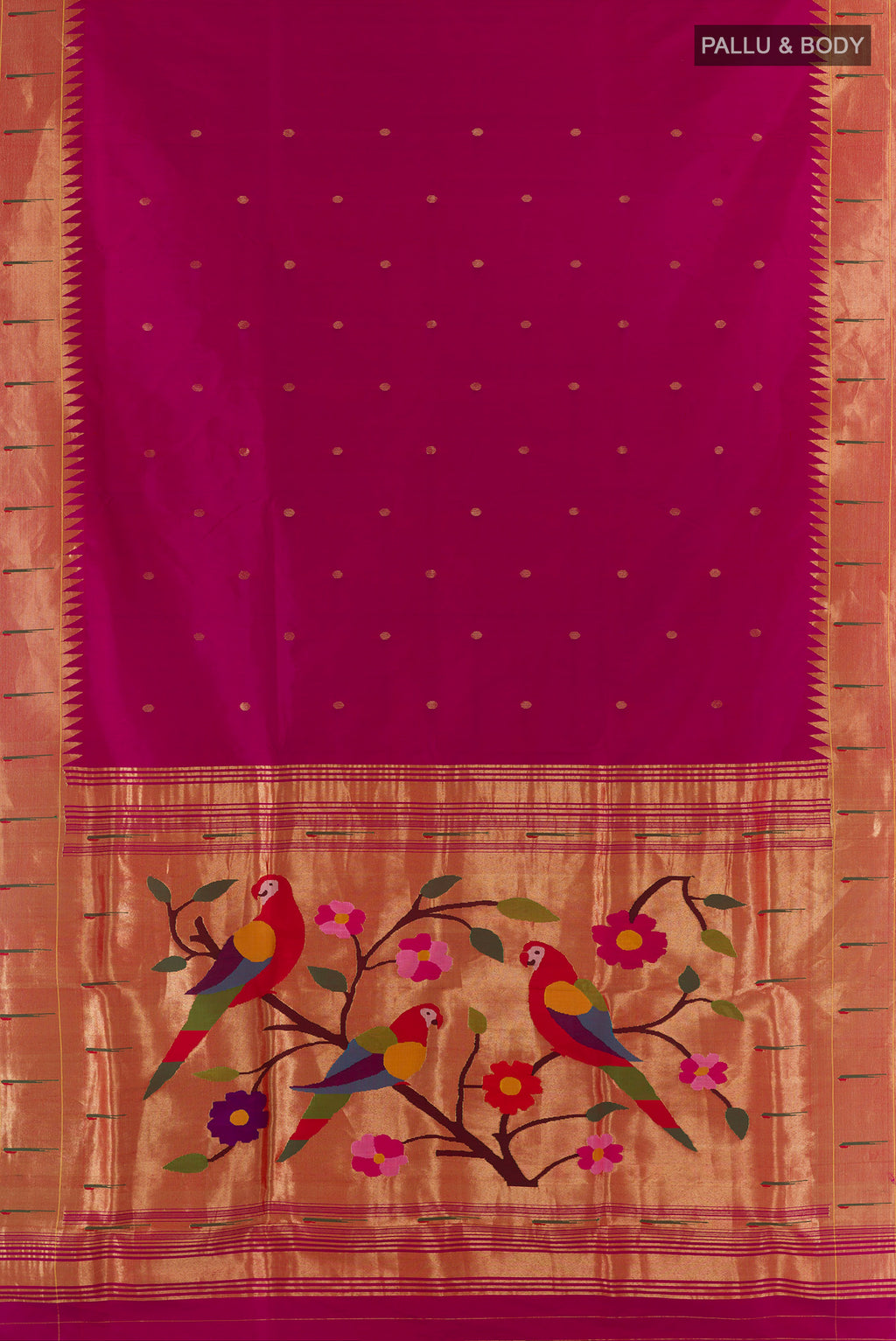 Flat view of Pure Silk Pink Paithani Saree with Zari Butta on the body and Paithani Border. 