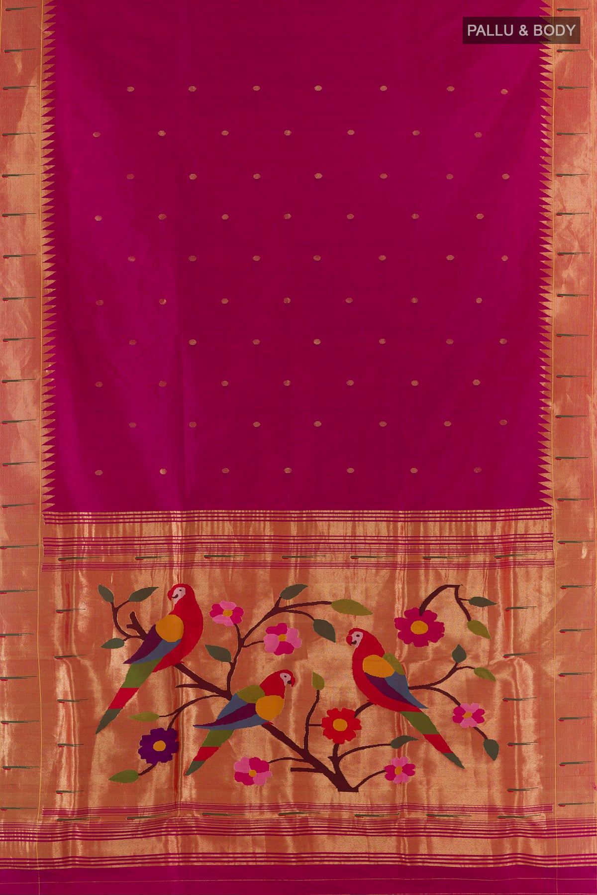 Flat view of Pure Silk Pink Paithani Saree with Zari Butta on the body and Paithani Border. 