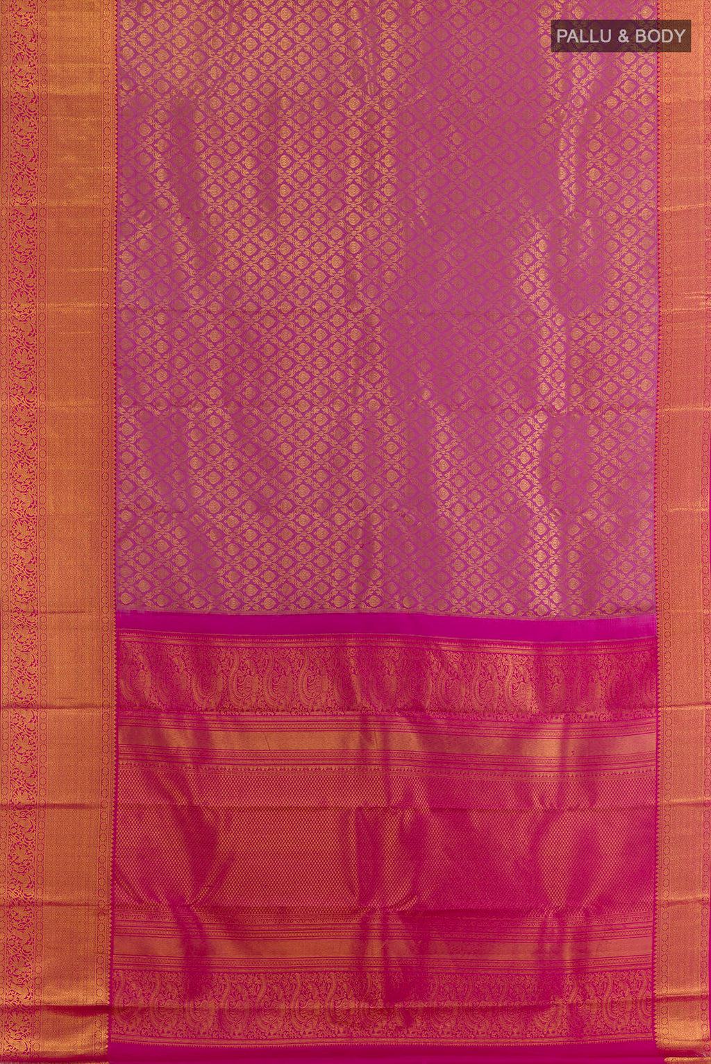 Flat view of Lavender Kanchipuram Silk Saree with Zari Brocade on the body and Zari Border. 