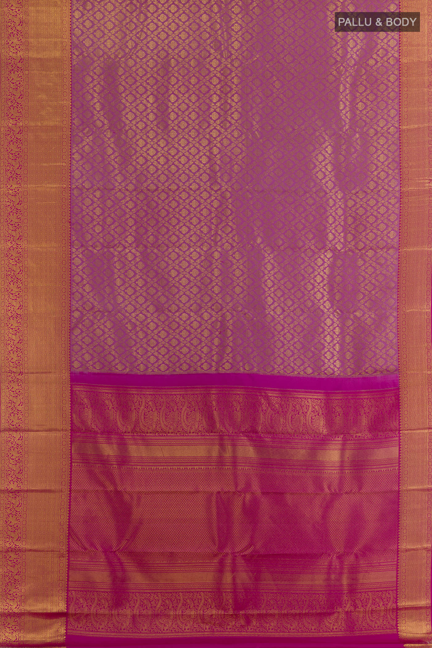 Flat view of Lavender Kanchipuram Silk Saree with Zari Brocade on the body and Zari Border. 