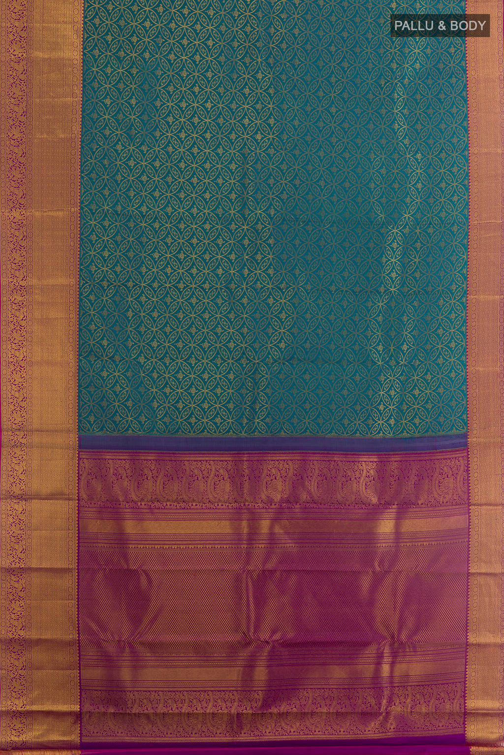 Flat view of Peacock Blue Kanchipuram Silk Saree with Zari Brocade on the body and Zari Border. 