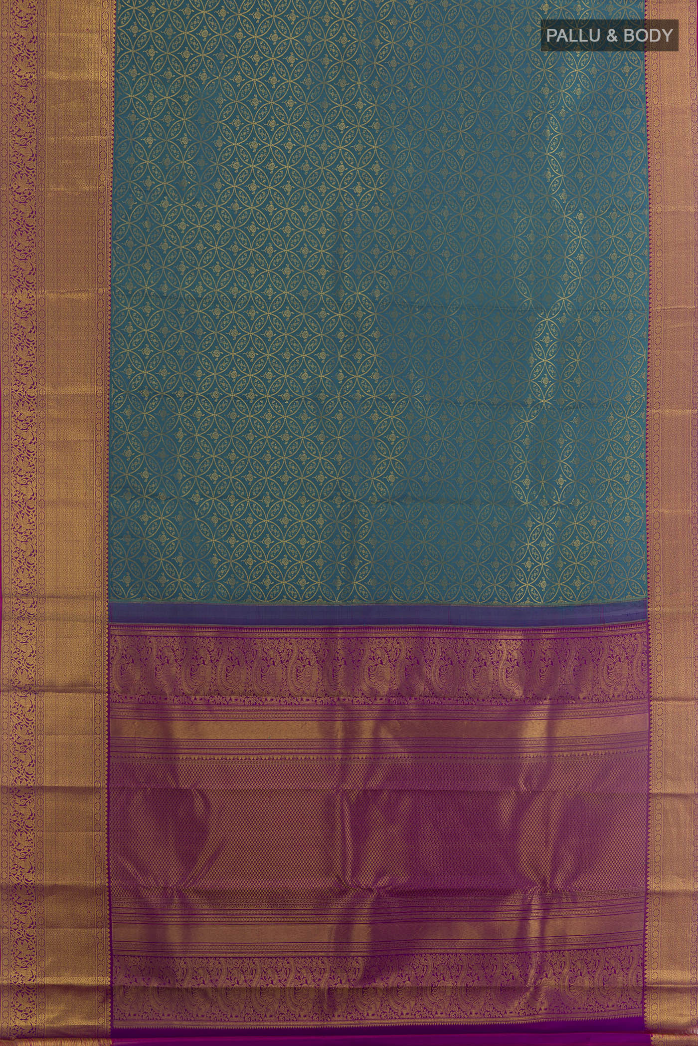 Flat view of Peacock Blue Kanchipuram Silk Saree with Zari Brocade on the body and Zari Border. 