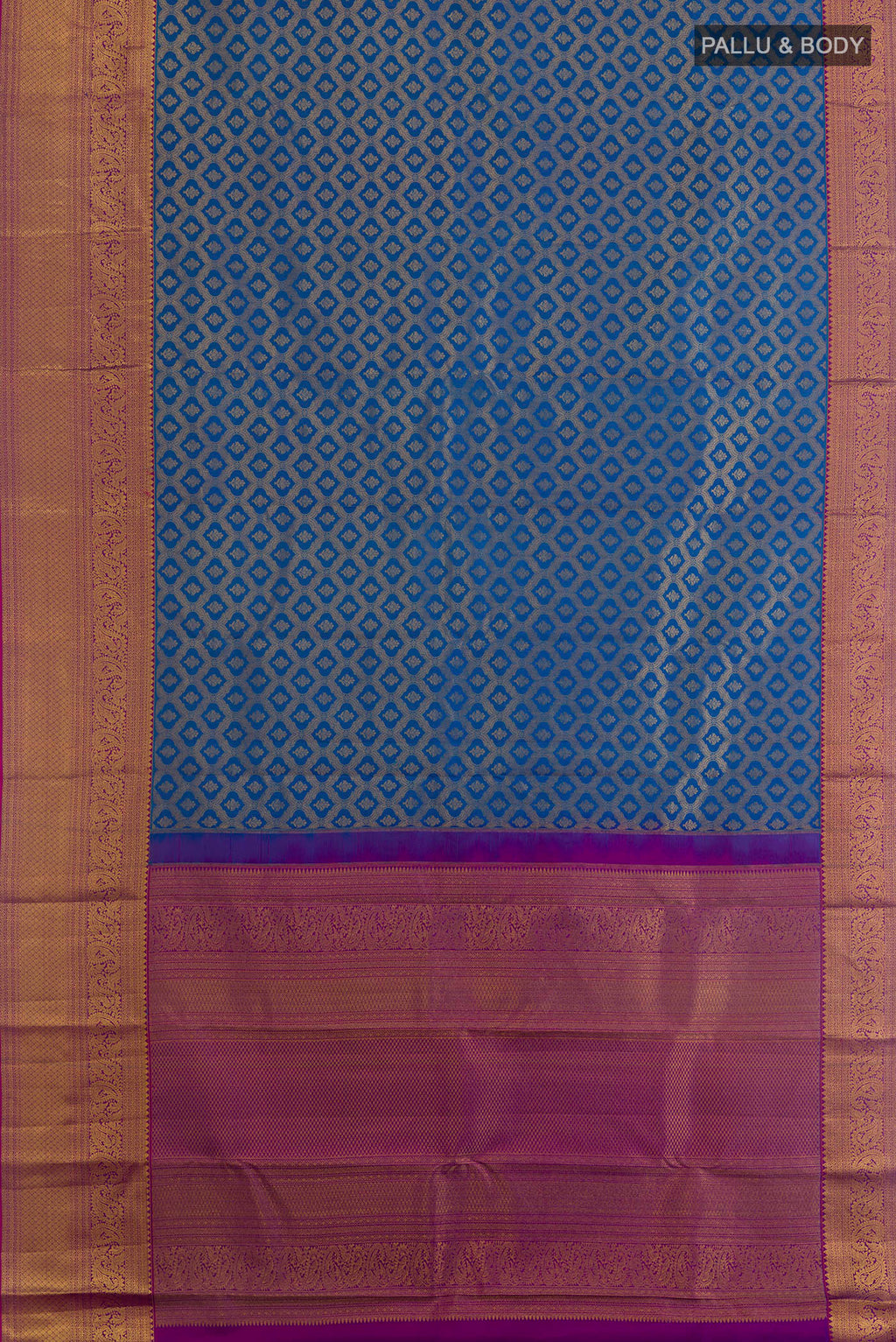 Flat view of Blue Kanchipuram Silk Saree with Zari Brocade on the body and Zari Border. 