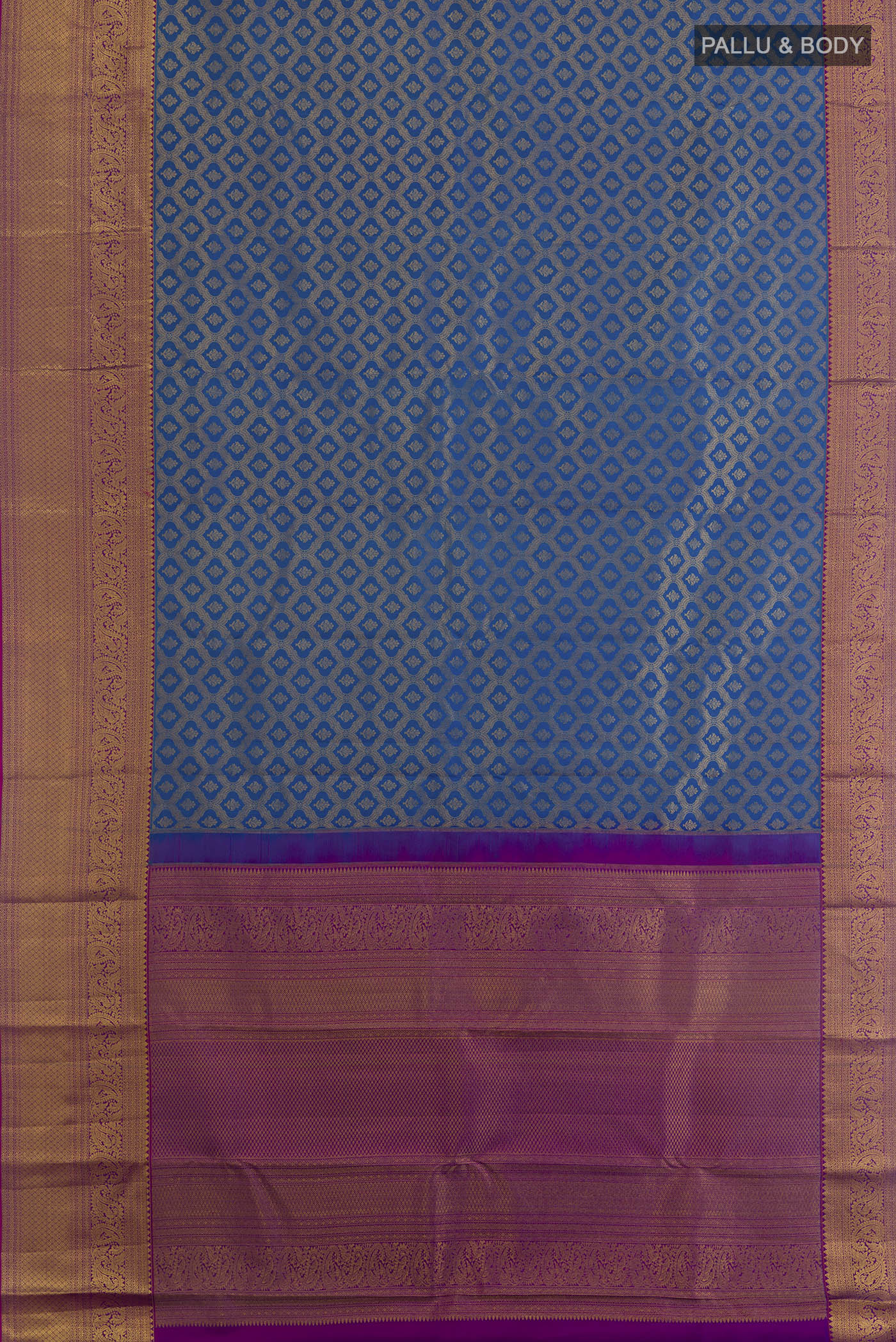 Flat view of Blue Kanchipuram Silk Saree with Zari Brocade on the body and Zari Border. 