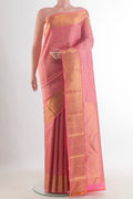 Pure Silk Pink Kanjivaram Saree with Zari Brocade on the body and Zari Border.  displayed on a mannequin