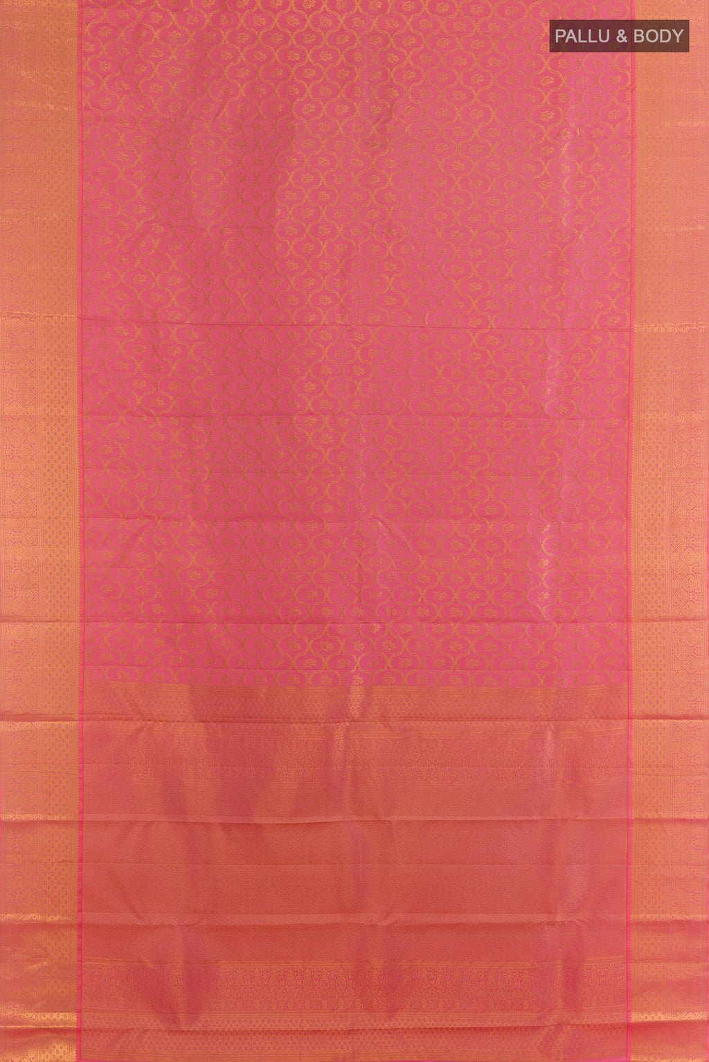 Flat view of Pure Silk Pink Kanjivaram Saree with Zari Brocade on the body and Zari Border. 