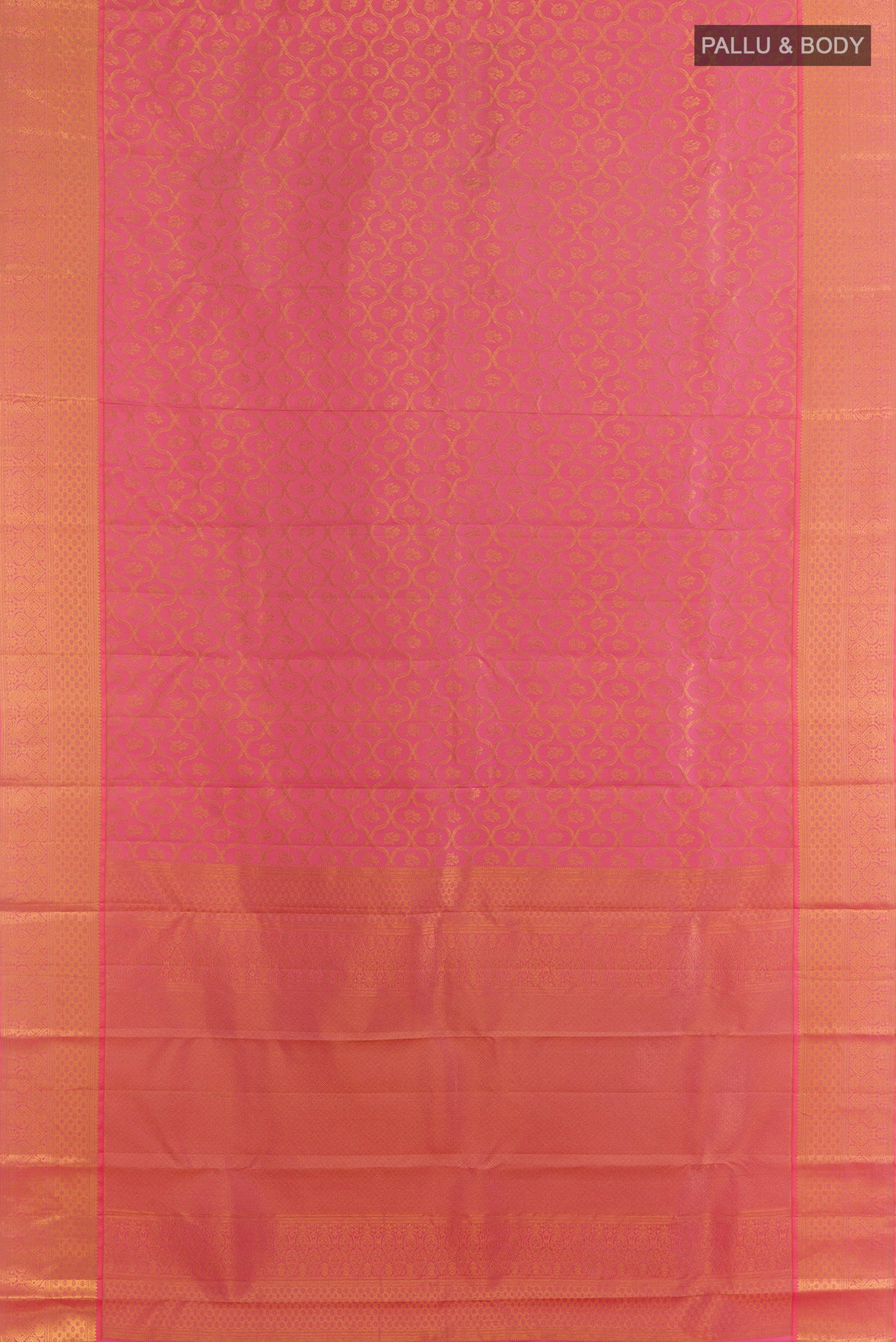 Flat view of Pure Silk Pink Kanjivaram Saree with Zari Brocade on the body and Zari Border. 