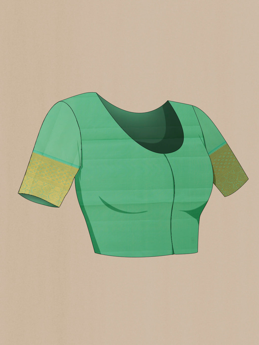 Close up image of the blouse of Mint Green Kanjivaram Silk Saree with Zari Brocade on the body and Zari Border. 