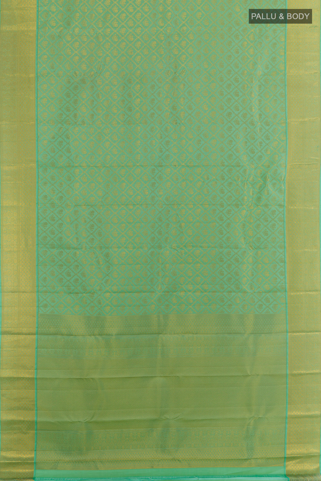 Flat view of Mint Green Kanjivaram Silk Saree with Zari Brocade on the body and Zari Border. 