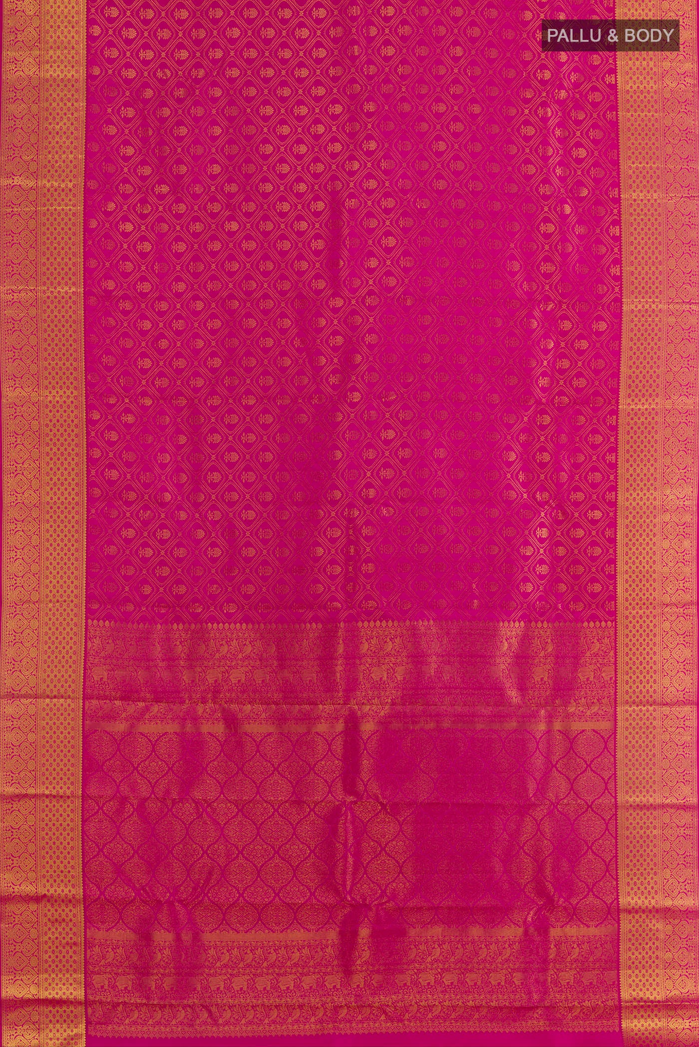 Flat view of Pink Kanjivaram Silk Saree with Zari Brocade on the body and Zari Border. 