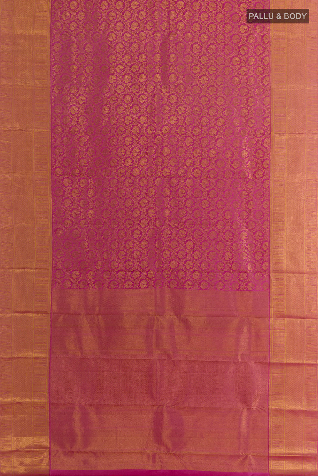Flat view of Pure Silk Pink Kanjivaram Saree with Zari Brocade on the body and Zari Border. 