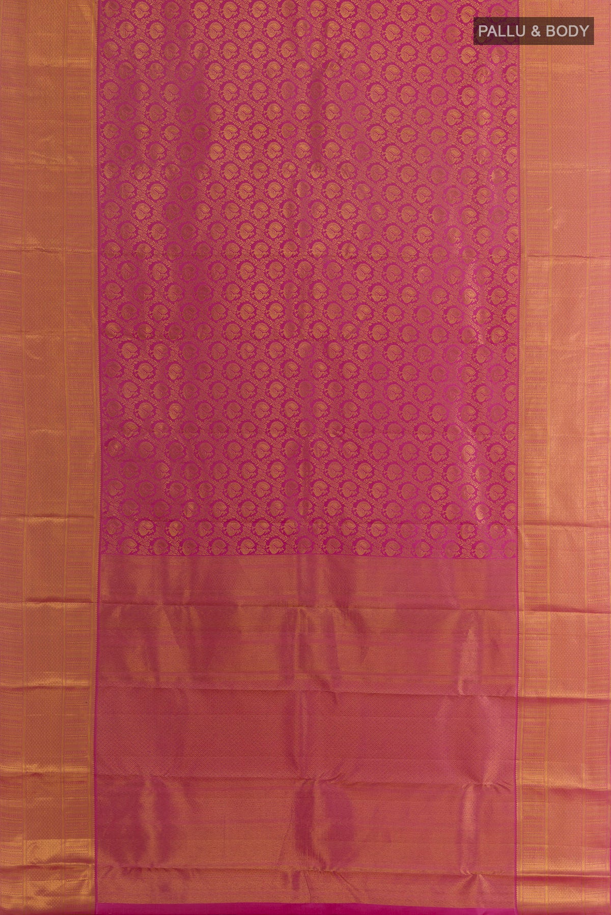 Flat view of Pure Silk Pink Kanjivaram Saree with Zari Brocade on the body and Zari Border. 