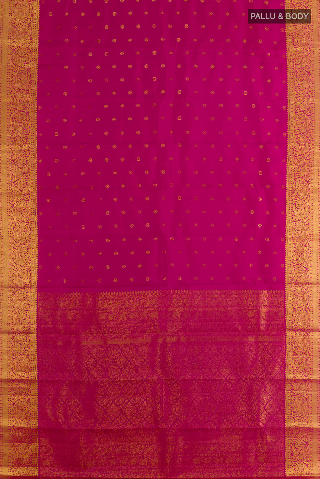 Flat view of Pure Silk Dark Pink Kanjivaram Saree with Zari Butta on the body and Zari Border. 