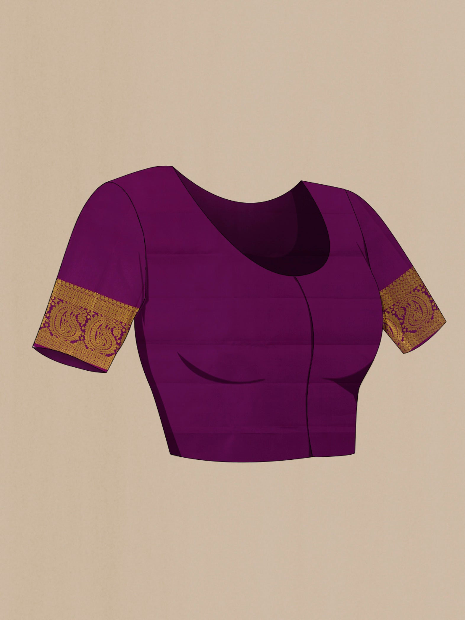 Close up image of the blouse of Purple Kanjivaram Silk Saree with Zari Butta on the body and Zari Border. 