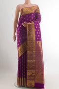 Purple Kanjivaram Silk Saree with Zari Butta on the body and Zari Border.  displayed on a mannequin