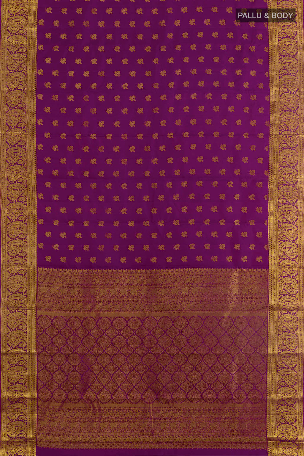 Flat view of Purple Kanjivaram Silk Saree with Zari Butta on the body and Zari Border. 
