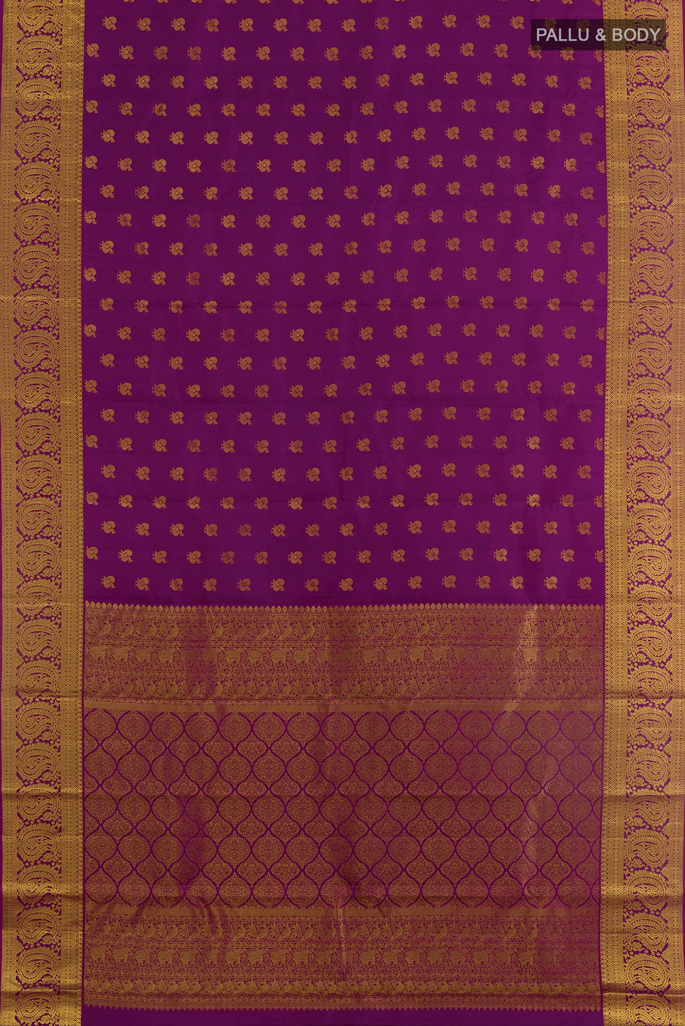 Flat view of Purple Kanjivaram Silk Saree with Zari Butta on the body and Zari Border. 