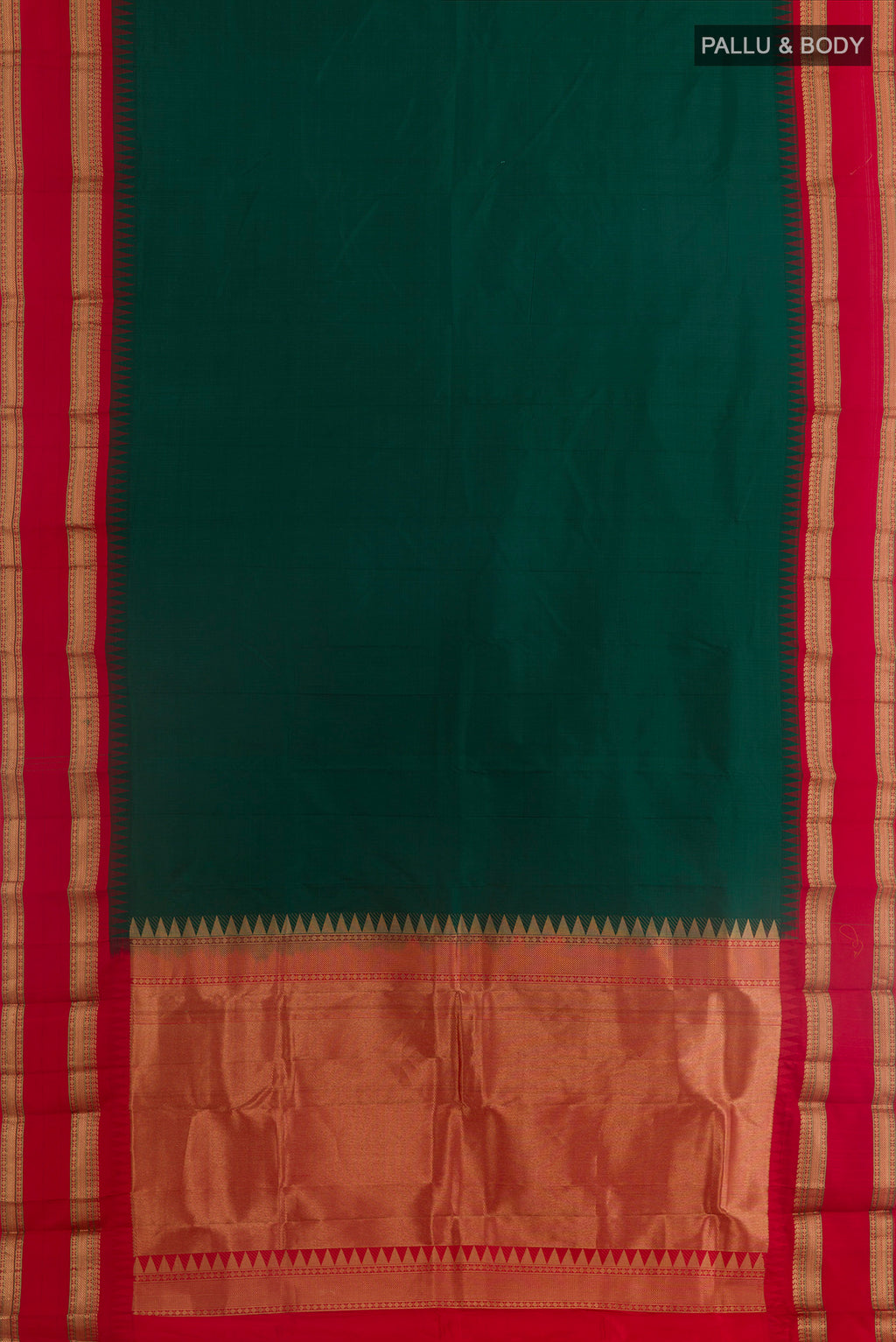 Flat view of Bottle Green Bangalore Silk Saree with Plain Body and Zari Border. 