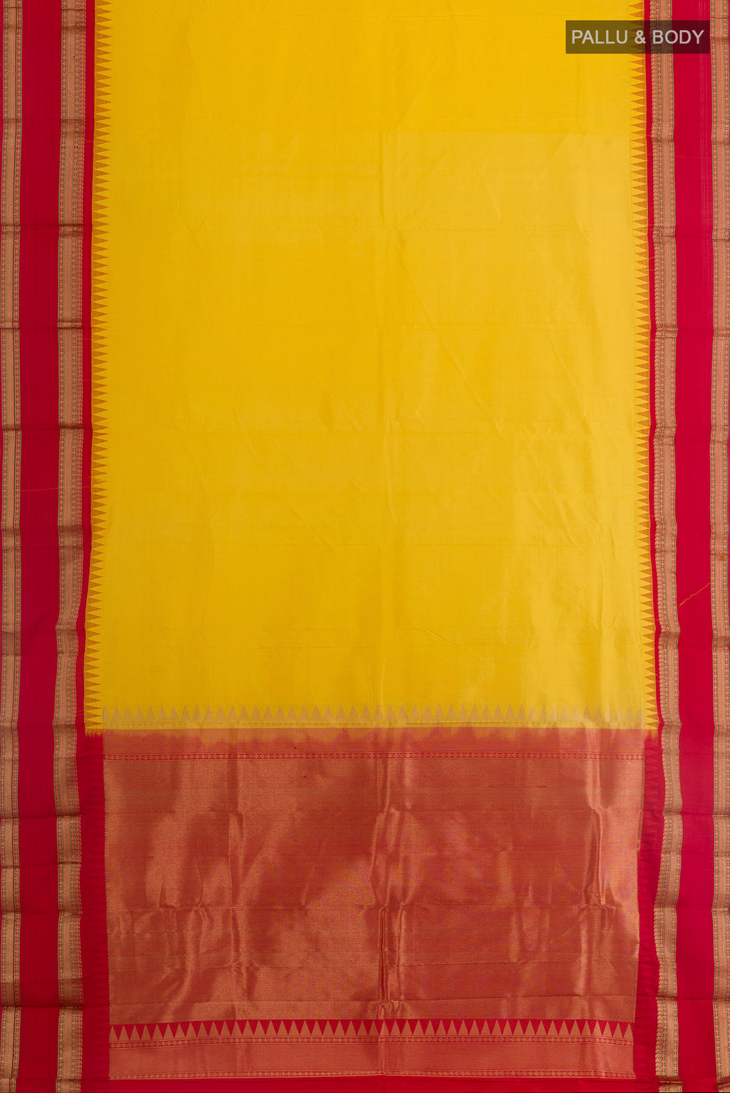 Flat view of Yellow Bangalore Silk Saree with Plain Body and Zari Border. 