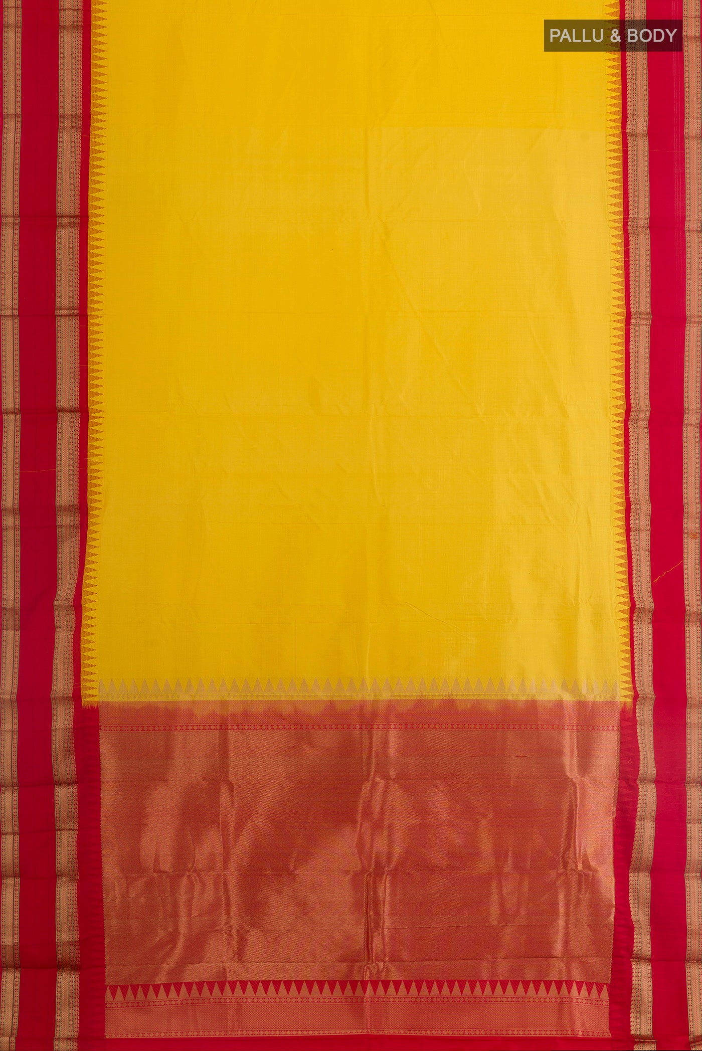 Flat view of Yellow Bangalore Silk Saree with Plain Body and Zari Border. 