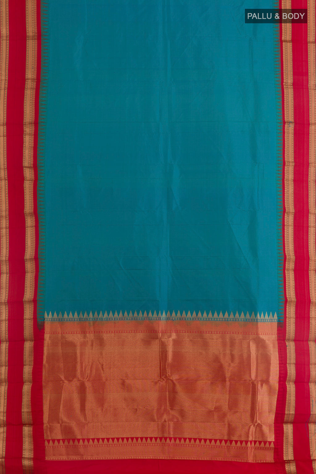Flat view of Blue Bangalore Silk Saree with Plain Body and Zari Border. 
