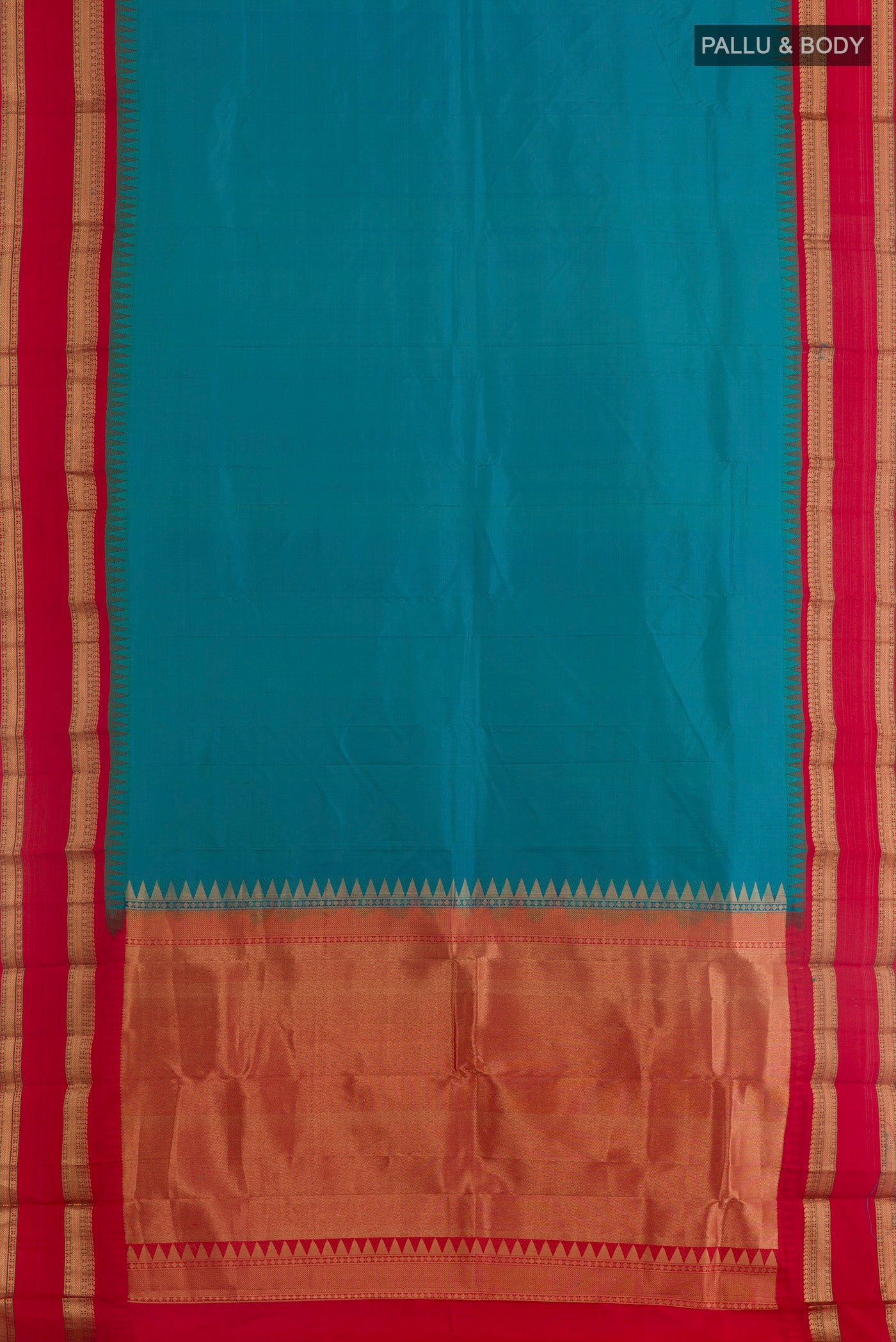 Flat view of Blue Bangalore Silk Saree with Plain Body and Zari Border. 