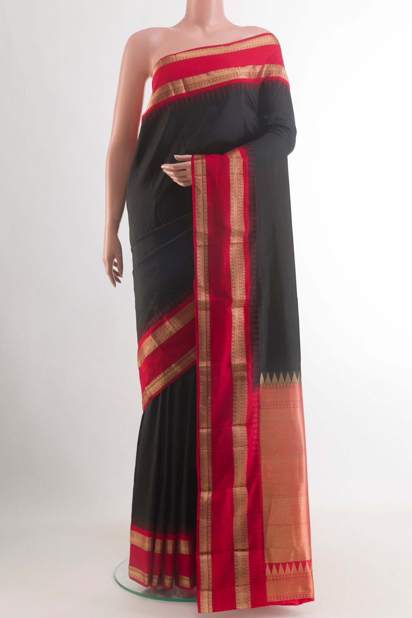 Black Bangalore Silk Saree with Plain Body and Zari Border.  displayed on a mannequin