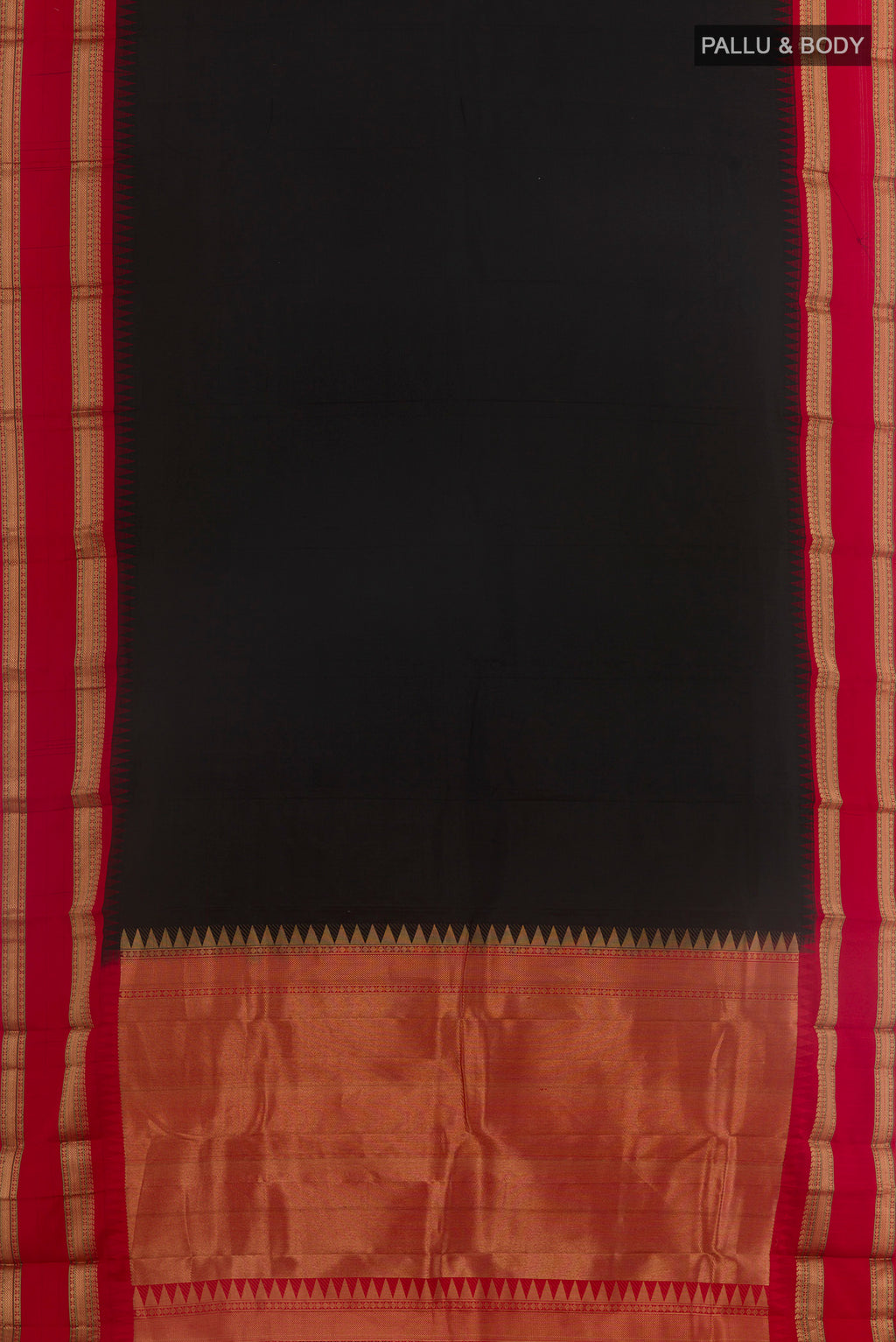 Flat view of Black Bangalore Silk Saree with Plain Body and Zari Border. 