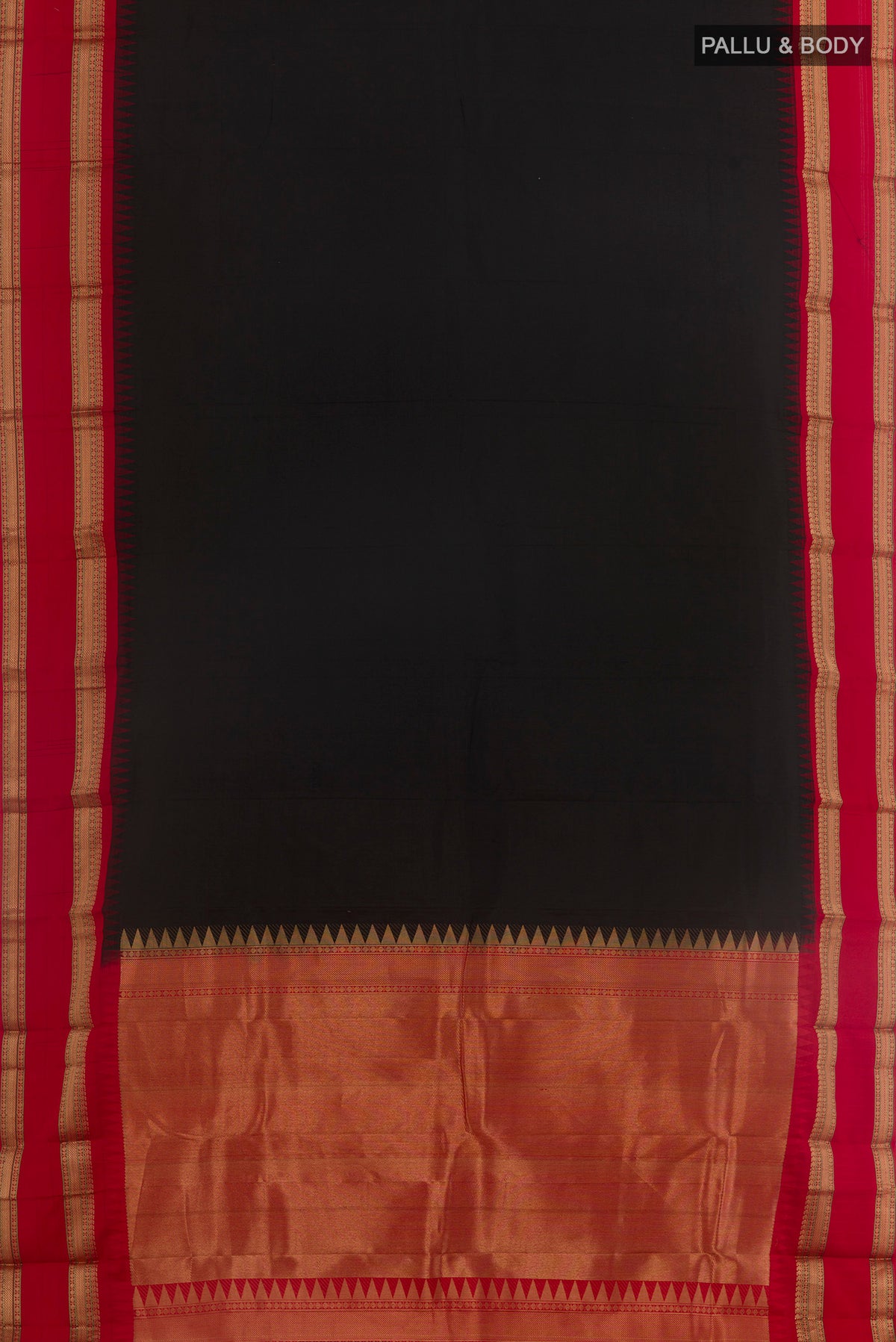 Flat view of Black Bangalore Silk Saree with Plain Body and Zari Border. 