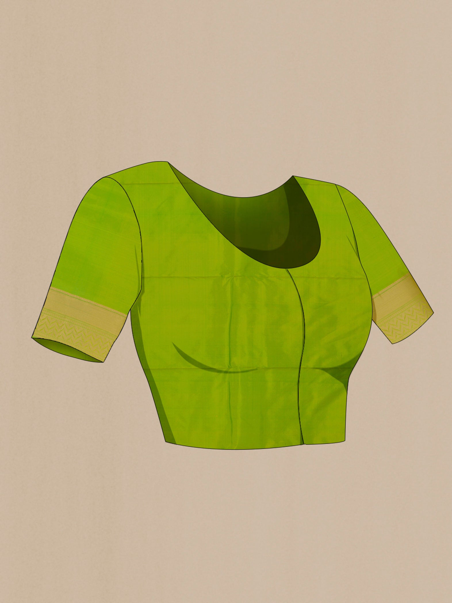 Close up image of the blouse of Parrot Green Bangalore Silk Saree with Zari Butta on the body and Zari Border. 