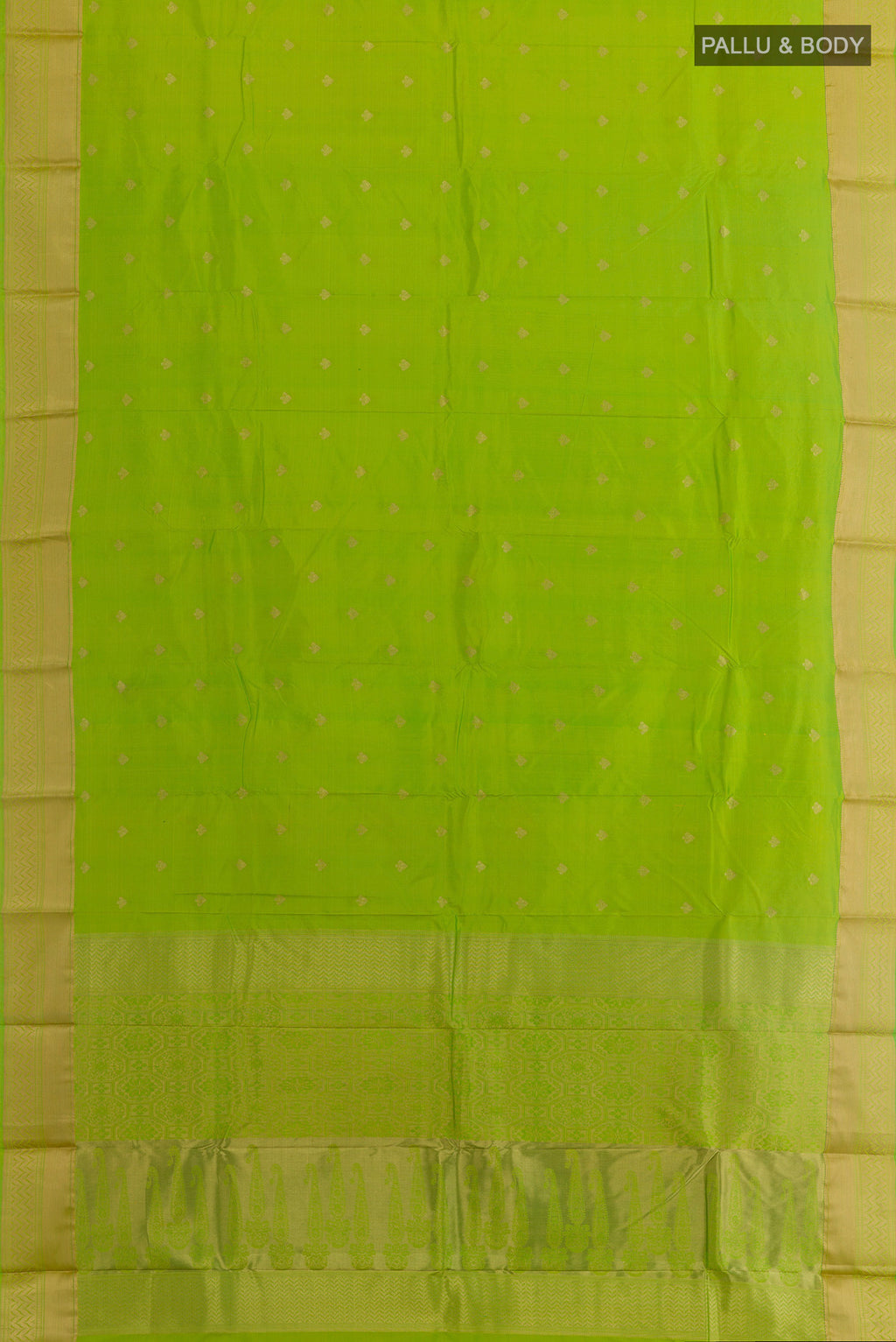Flat view of Parrot Green Bangalore Silk Saree with Zari Butta on the body and Zari Border. 