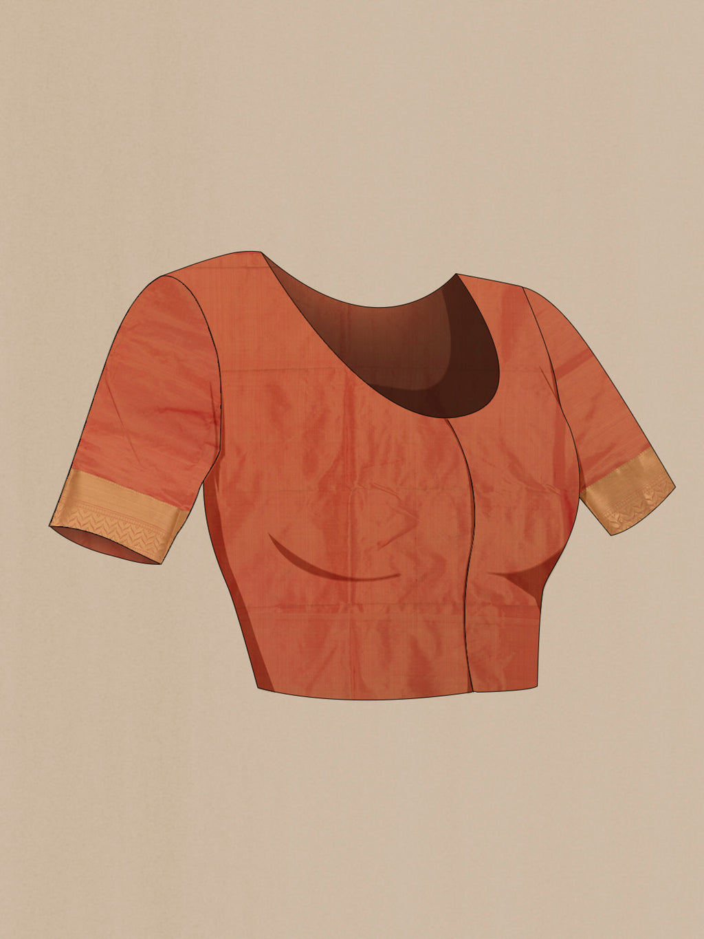 Close up image of the blouse of Peach Bangalore Silk Saree with Zari Butta on the body and Zari Border. 
