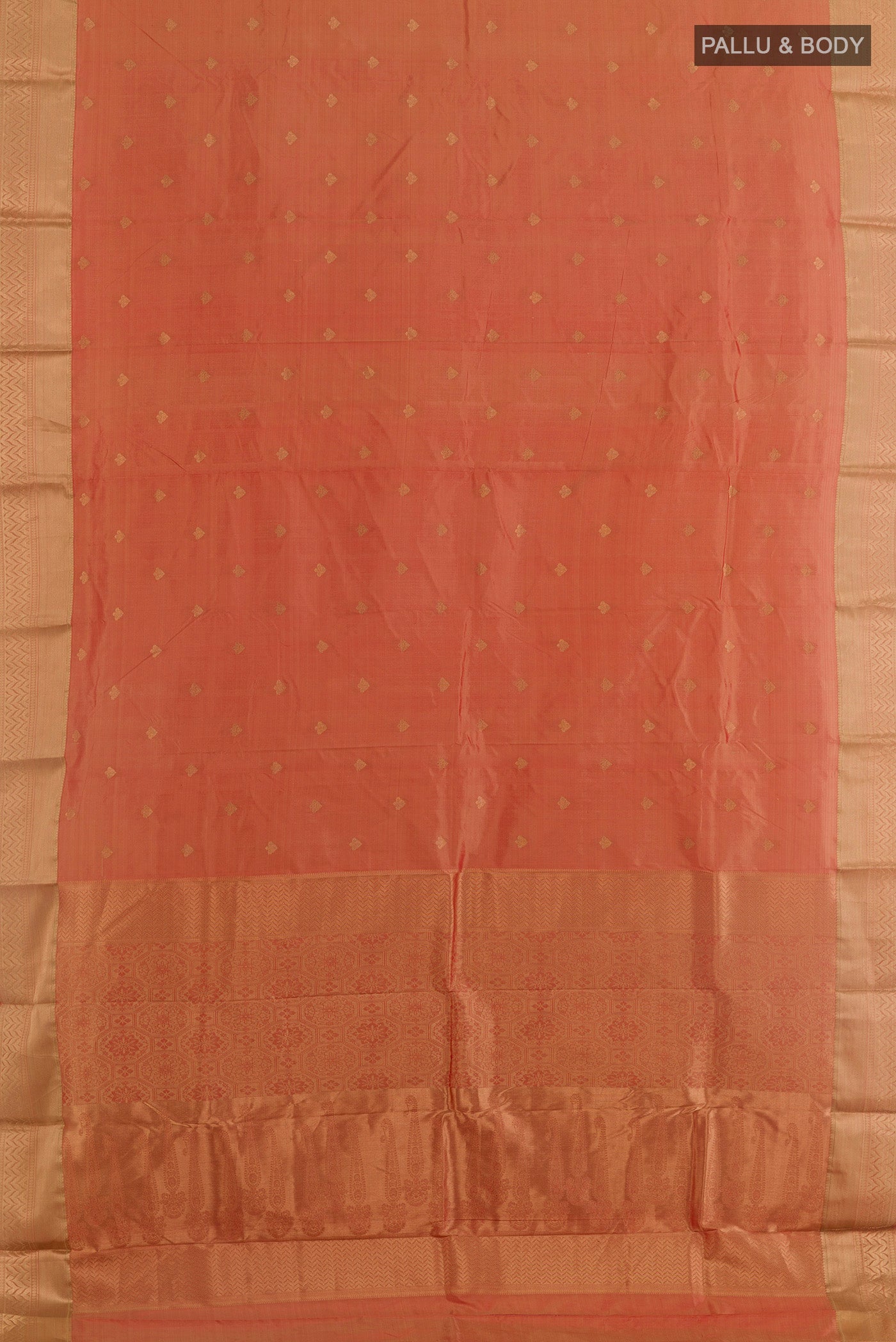 Flat view of Peach Bangalore Silk Saree with Zari Butta on the body and Zari Border. 