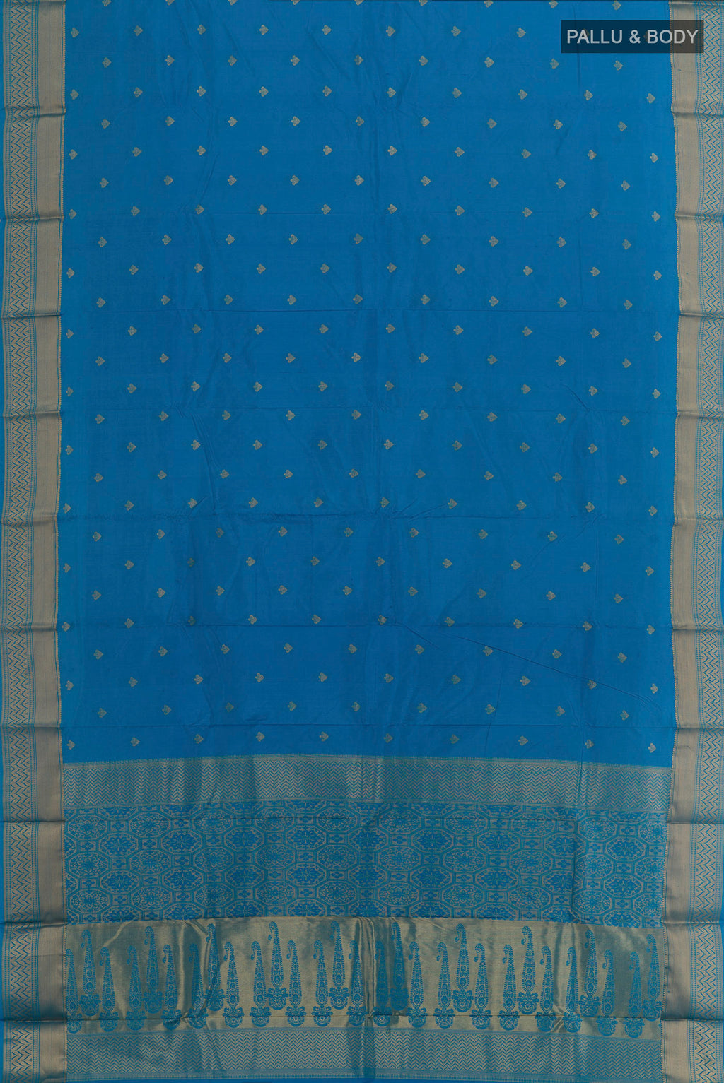 Flat view of Blue Bangalore Silk Saree with Zari Butta on the body and Zari Border. 