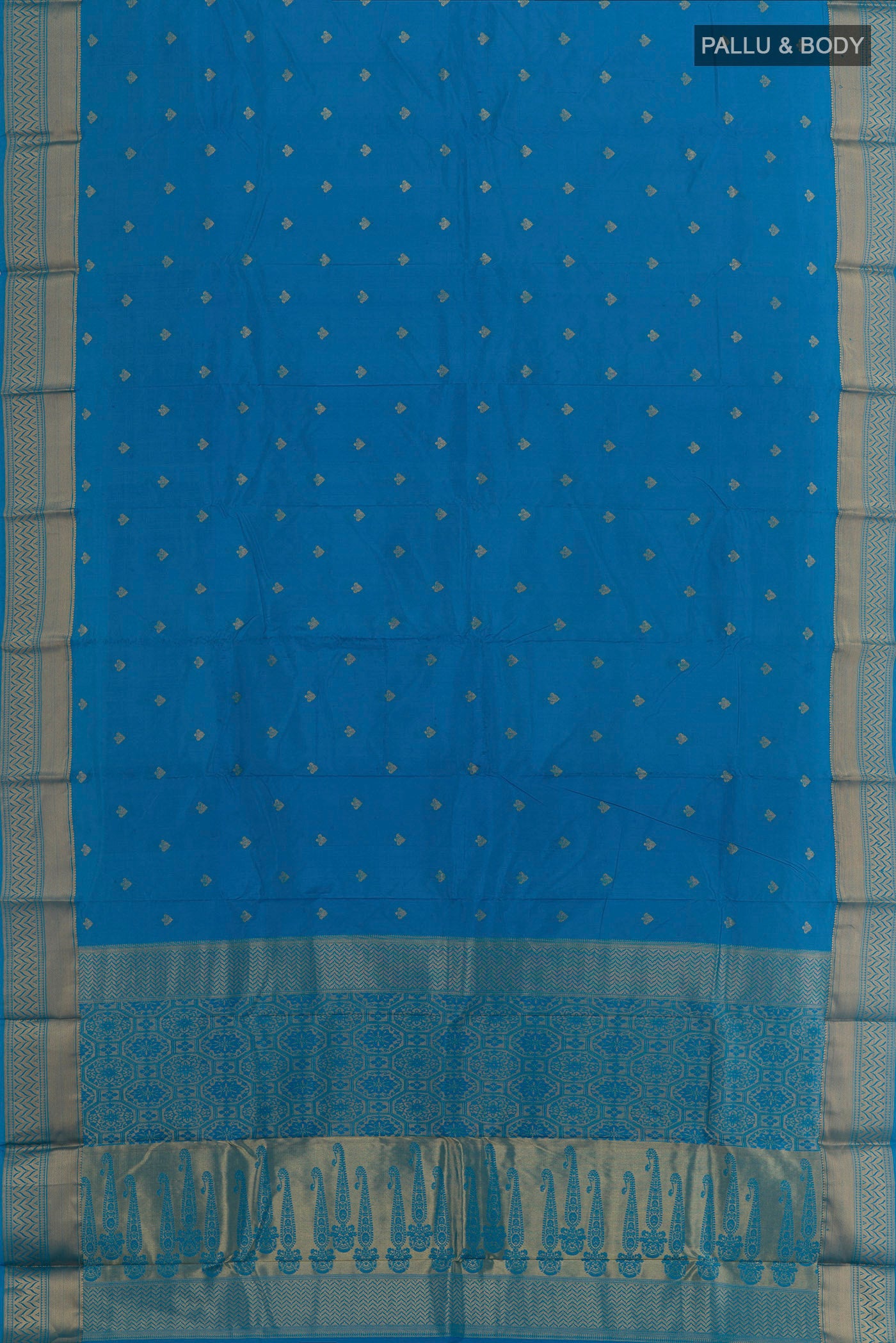 Flat view of Blue Bangalore Silk Saree with Zari Butta on the body and Zari Border. 